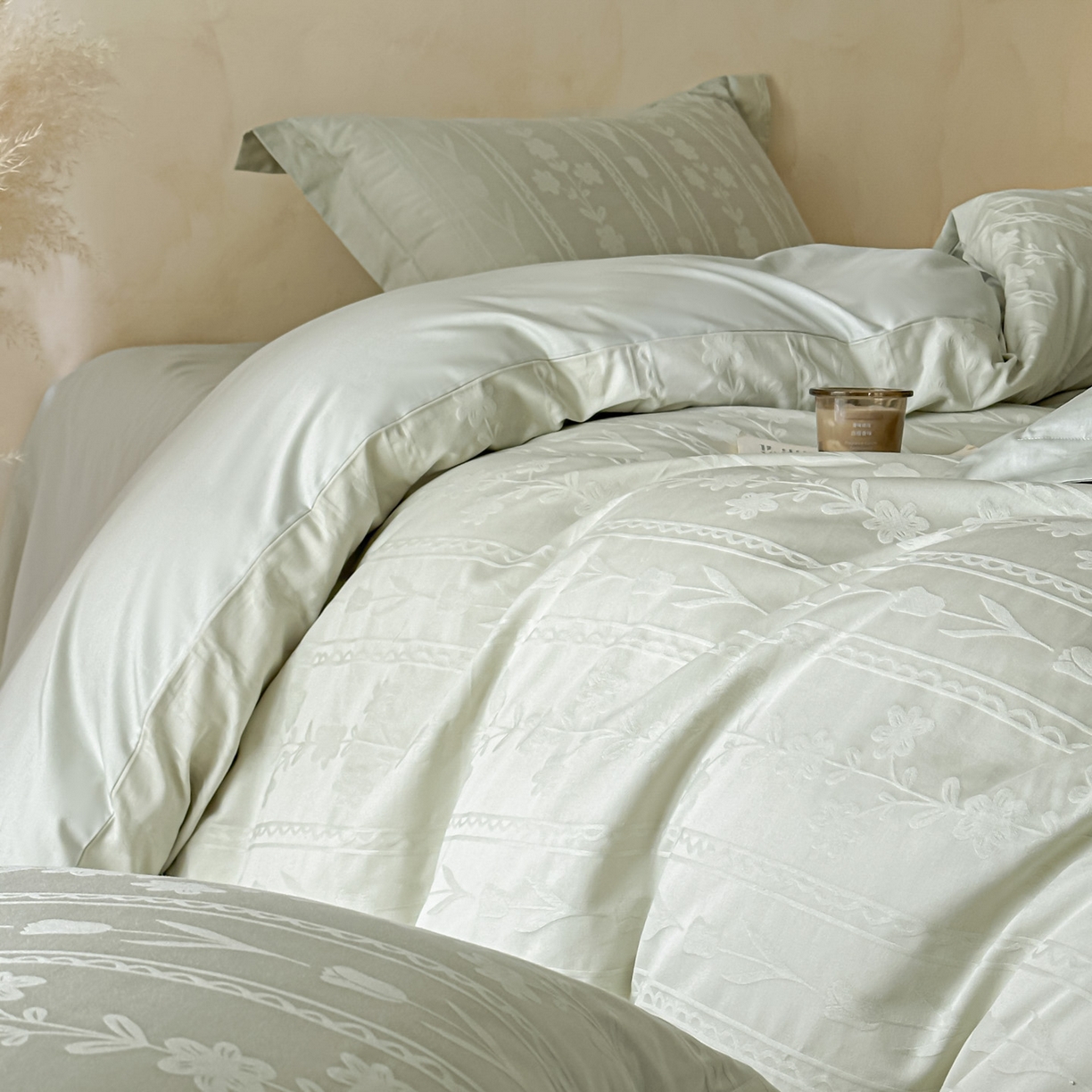 91家纺网 家纺一手货源 找家纺 禾时 2026新款春夏全棉长绒棉立体提花四件套-花屿 清新绿