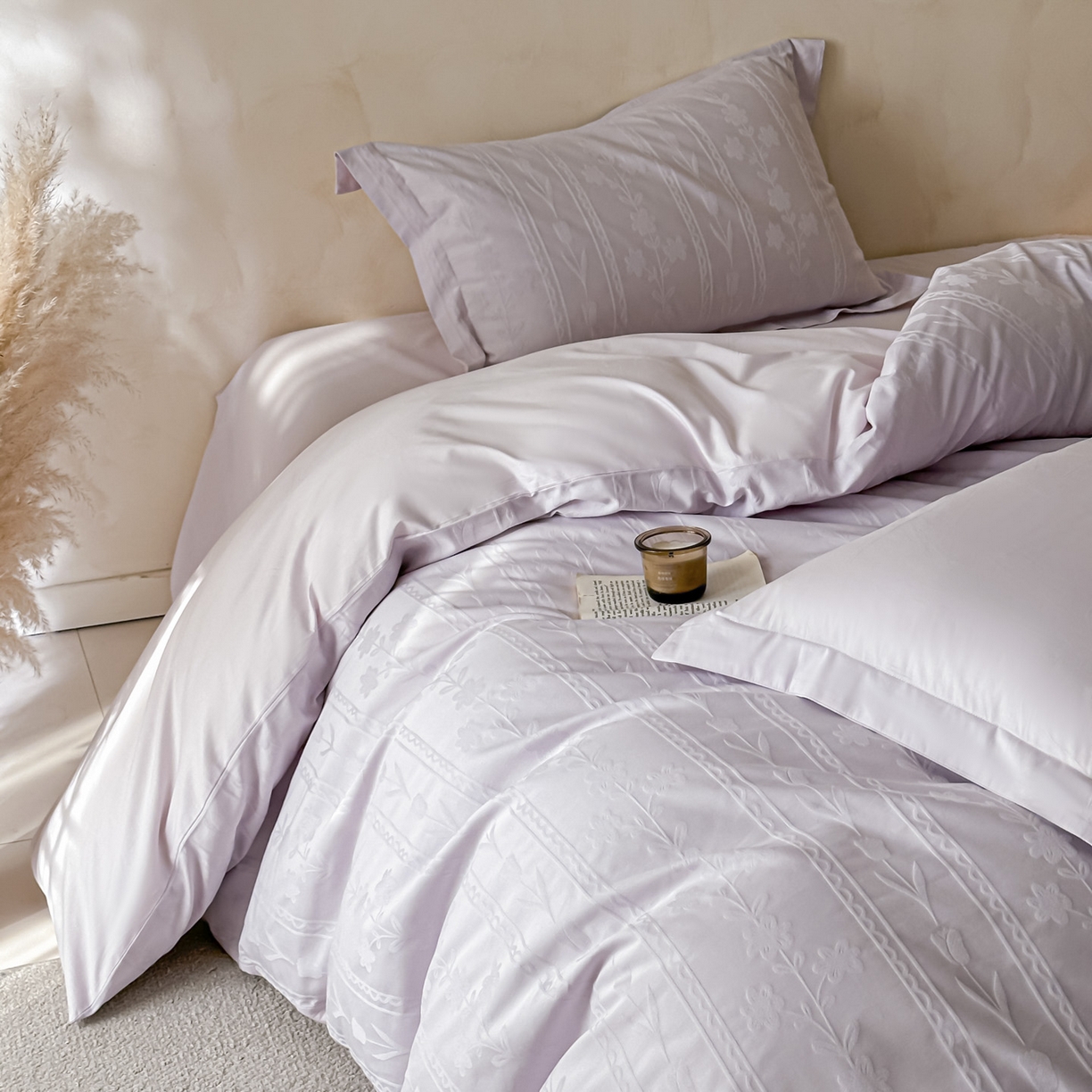 91家纺网 家纺一手货源 找家纺 禾时 2026新款春夏全棉长绒棉立体提花四件套-花屿 香芋紫