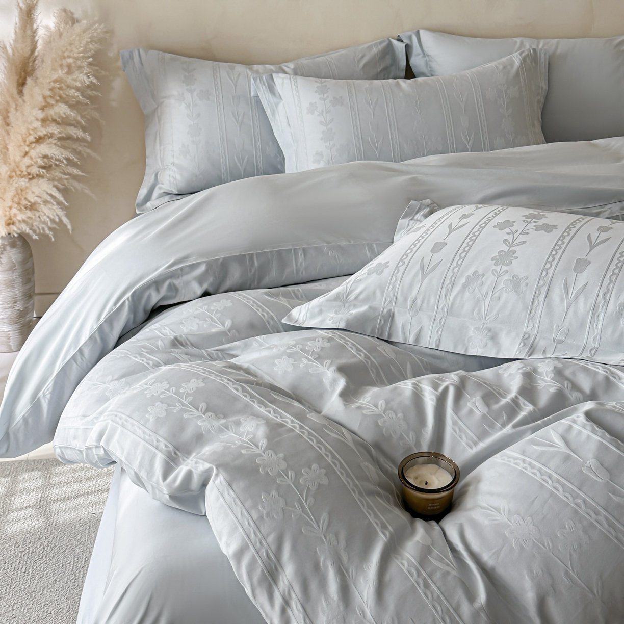 91家纺网 家纺一手货源 找家纺 （总）禾时 2026新款春夏全棉长绒棉立体提花四件套-花屿