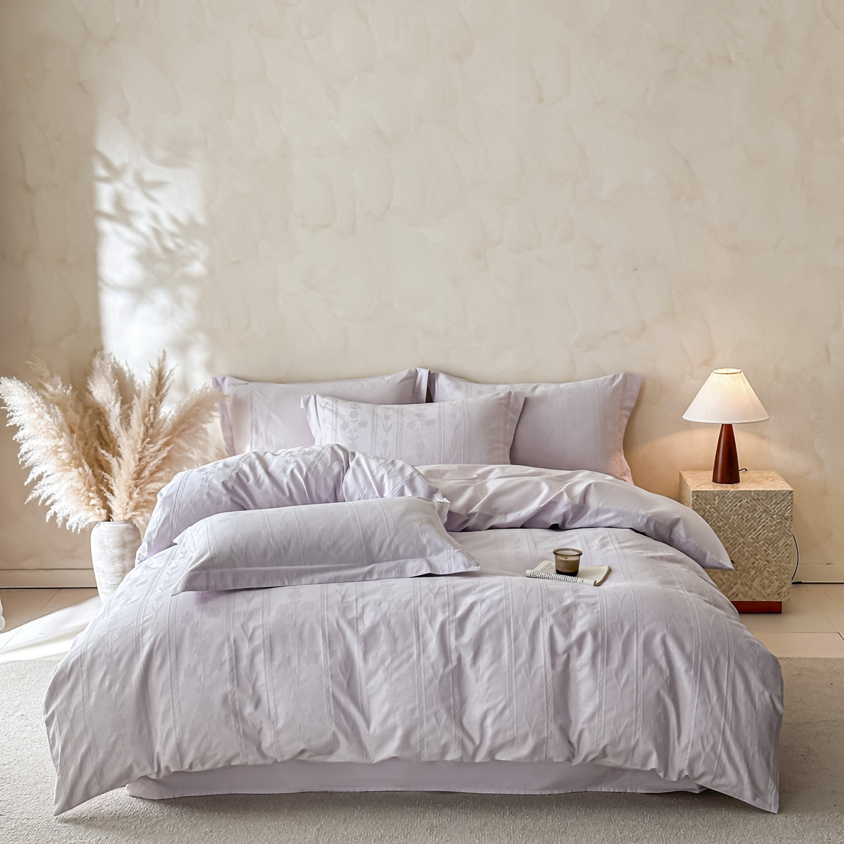 91家纺网 家纺一手货源 找家纺 禾时 2026新款春夏全棉长绒棉立体提花四件套-花屿 香芋紫