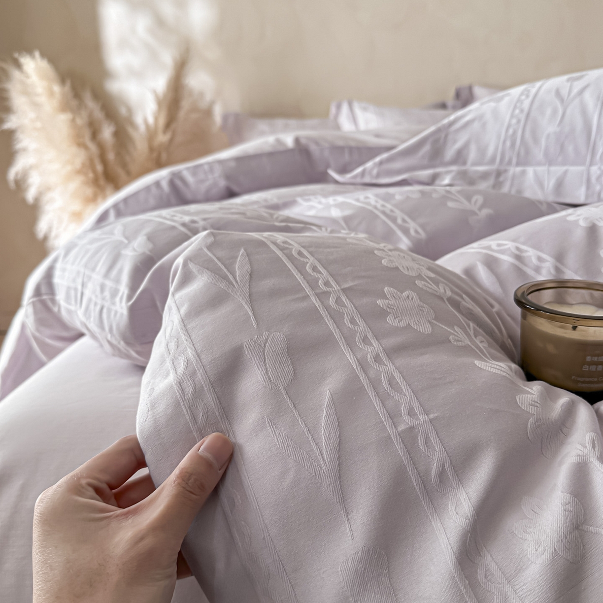 91家纺网 家纺一手货源 找家纺 禾时 2026新款春夏全棉长绒棉立体提花四件套-花屿 香芋紫