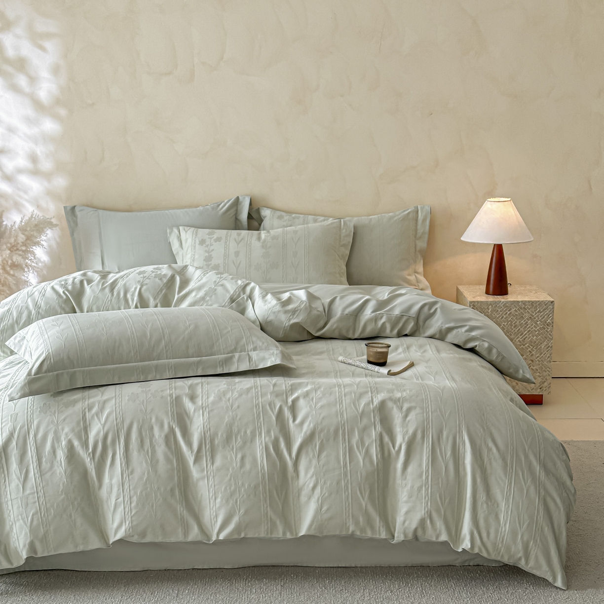 91家纺网 家纺一手货源 找家纺 禾时 2026新款春夏全棉长绒棉立体提花四件套-花屿 清新绿