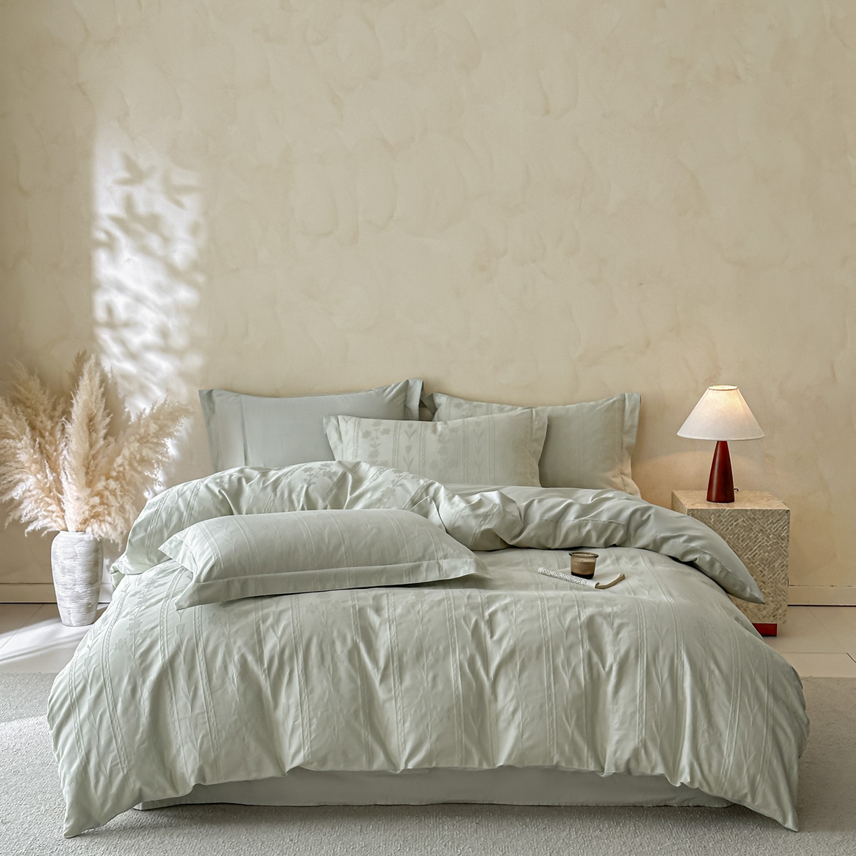 91家纺网 家纺一手货源 找家纺 禾时 2026新款春夏全棉长绒棉立体提花四件套-花屿 清新绿