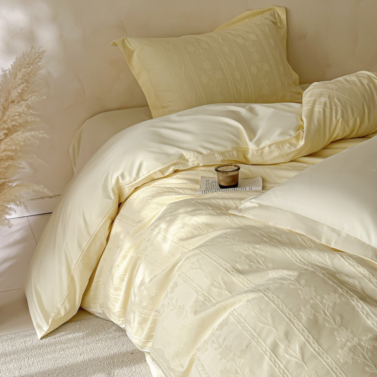 91家纺网 家纺一手货源 找家纺 禾时 2026新款春夏全棉长绒棉立体提花四件套-花屿 奶油黄