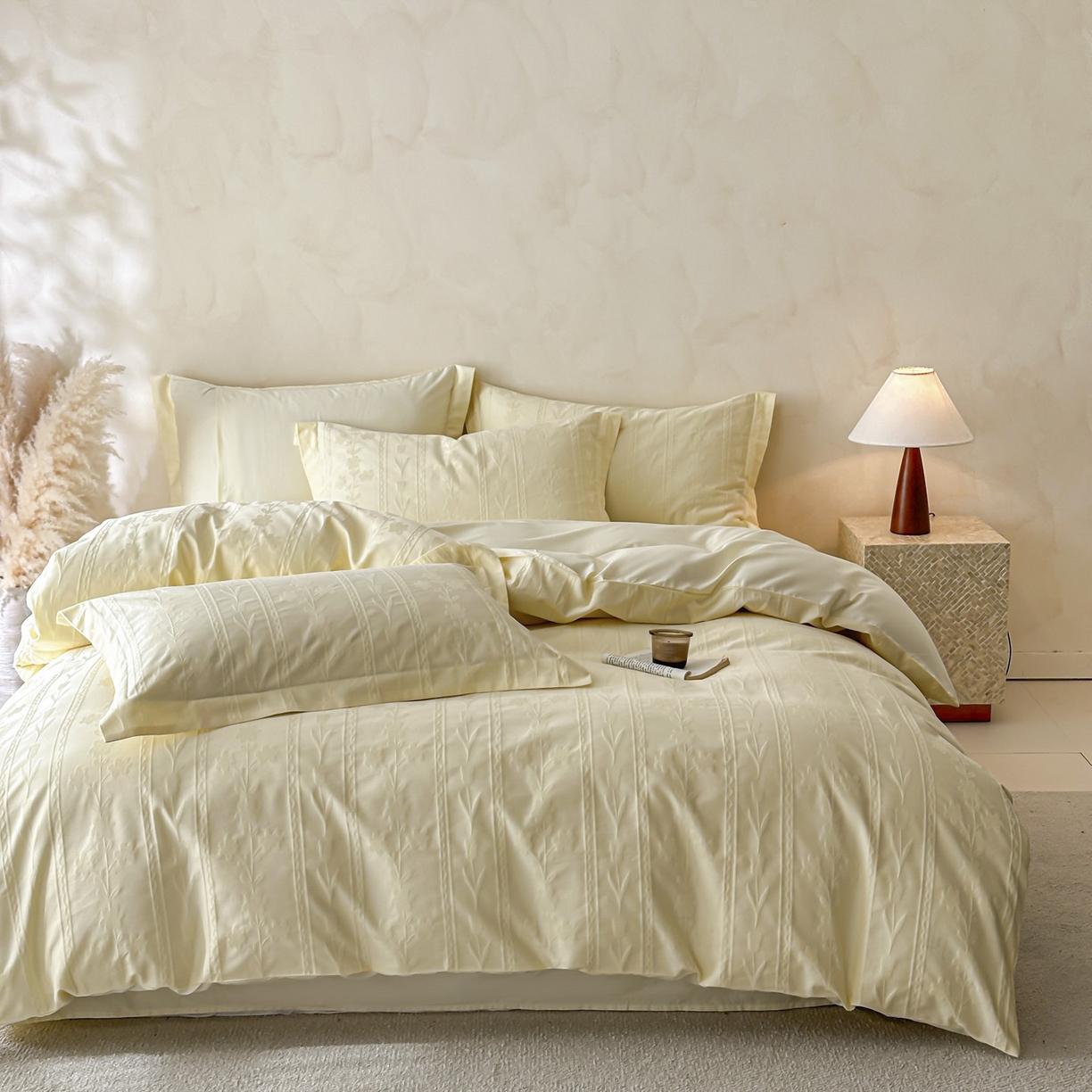 91家纺网 家纺一手货源 找家纺 禾时 2026新款春夏全棉长绒棉立体提花四件套-花屿 奶油黄