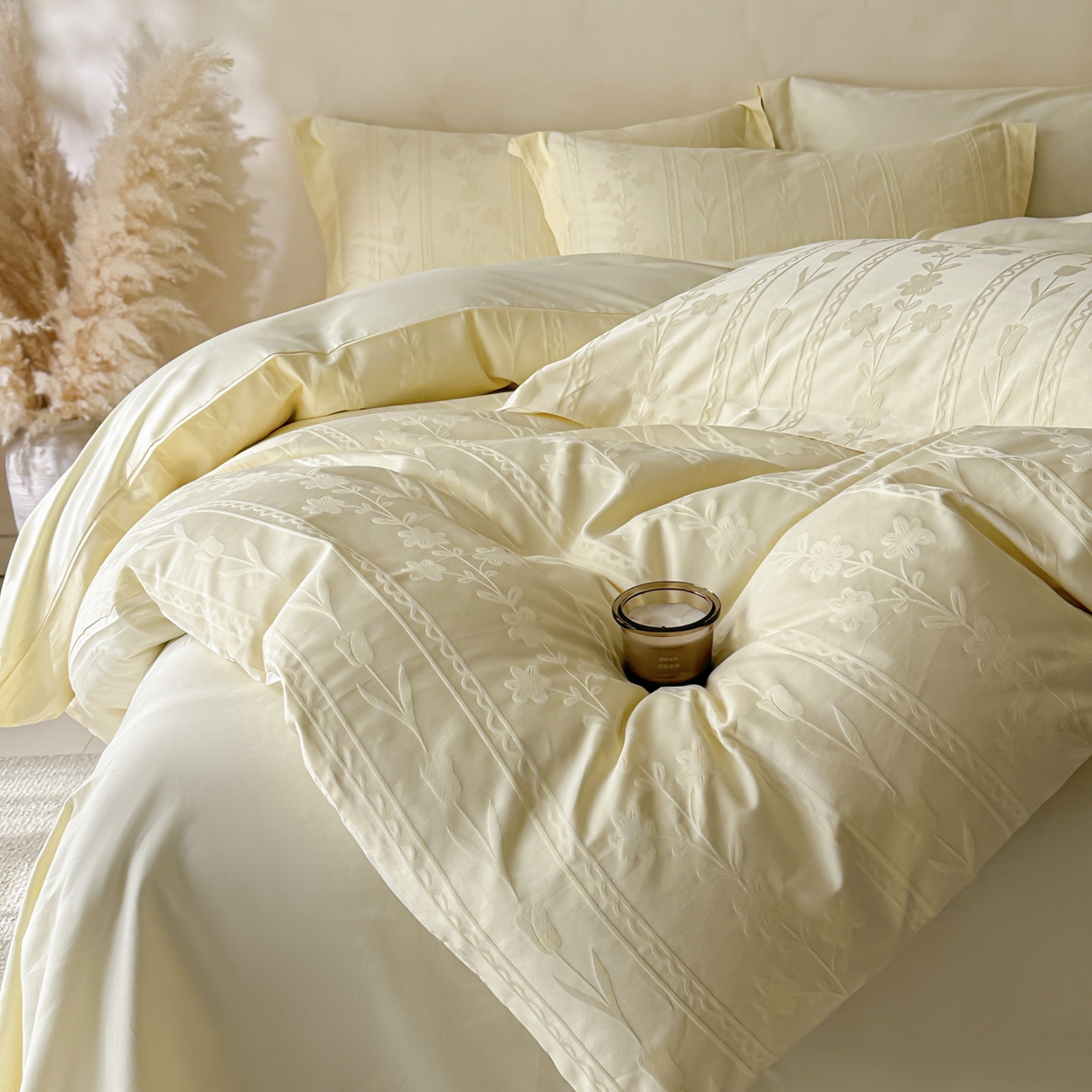 91家纺网 家纺一手货源 找家纺 禾时 2026新款春夏全棉长绒棉立体提花四件套-花屿 奶油黄