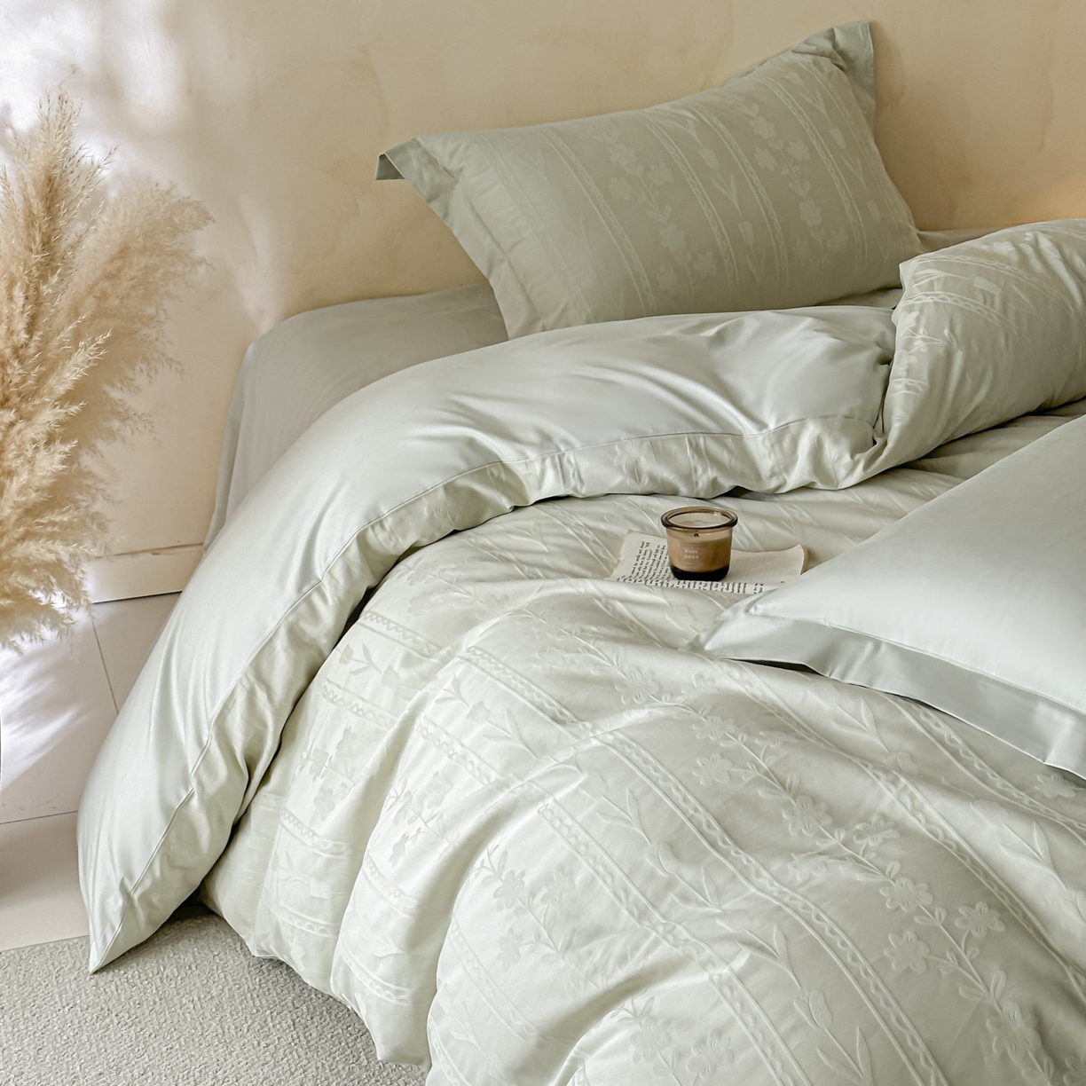 91家纺网 家纺一手货源 找家纺 禾时 2026新款春夏全棉长绒棉立体提花四件套-花屿 清新绿