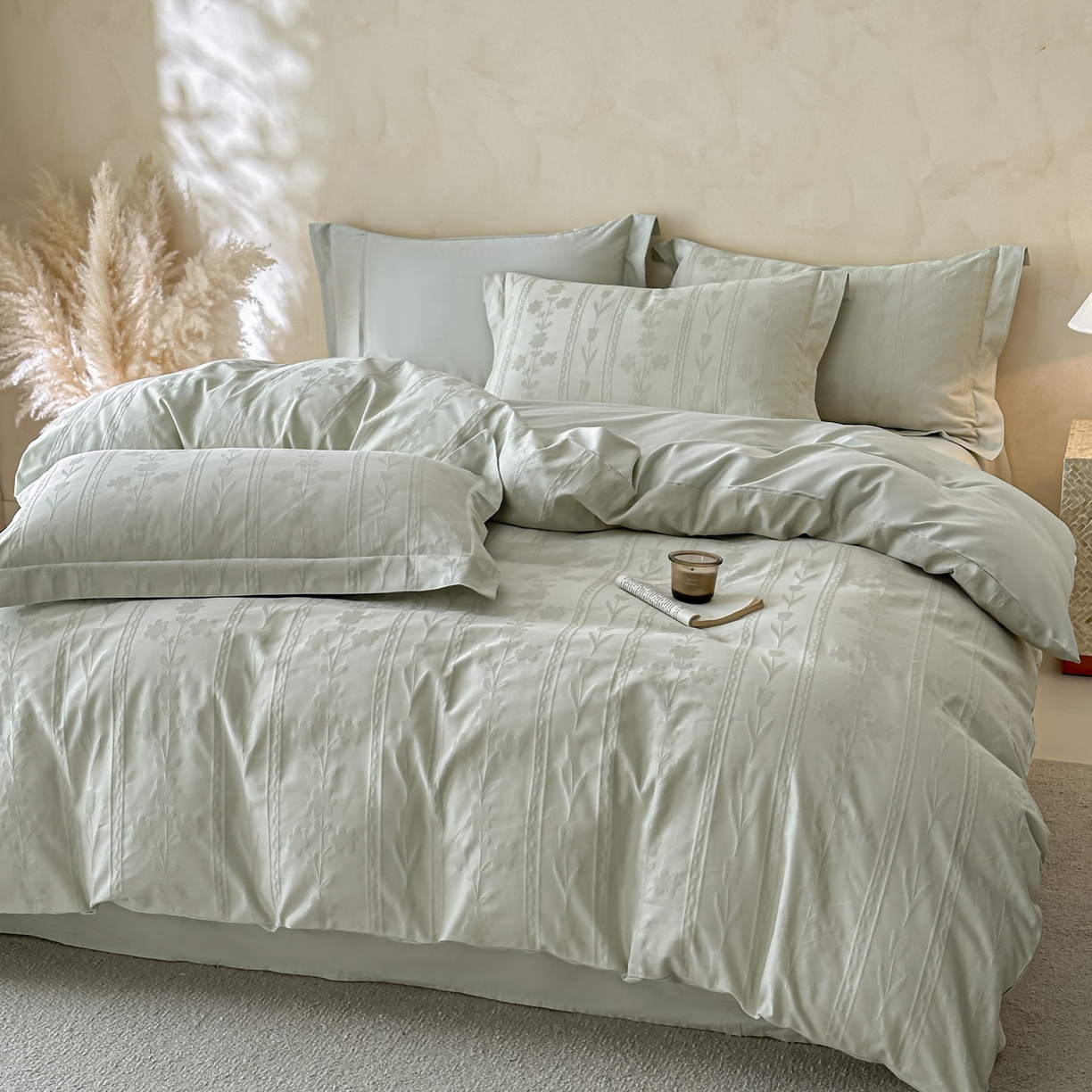 91家纺网 家纺一手货源 找家纺 禾时 2026新款春夏全棉长绒棉立体提花四件套-花屿 清新绿