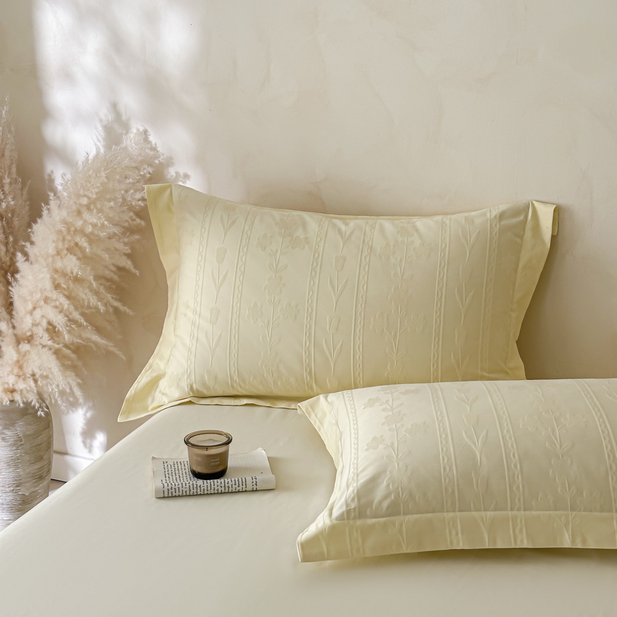 91家纺网 家纺一手货源 找家纺 禾时 2026新款春夏全棉长绒棉立体提花四件套-花屿 奶油黄