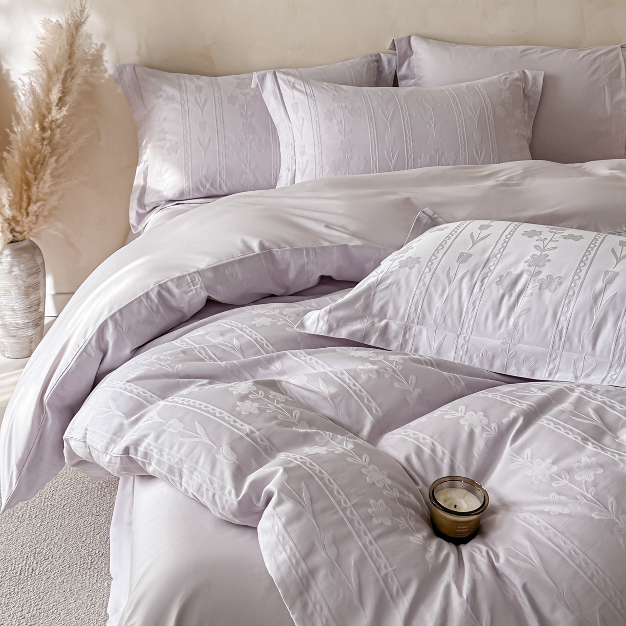 91家纺网 家纺一手货源 找家纺 禾时 2026新款春夏全棉长绒棉立体提花四件套-花屿 香芋紫