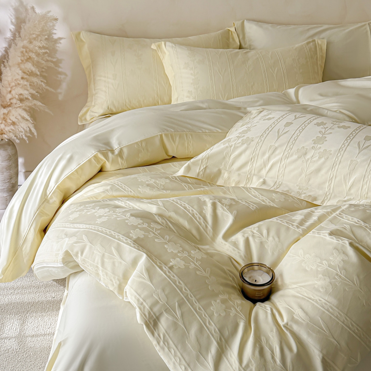 91家纺网 家纺一手货源 找家纺 禾时 2026新款春夏全棉长绒棉立体提花四件套-花屿 奶油黄