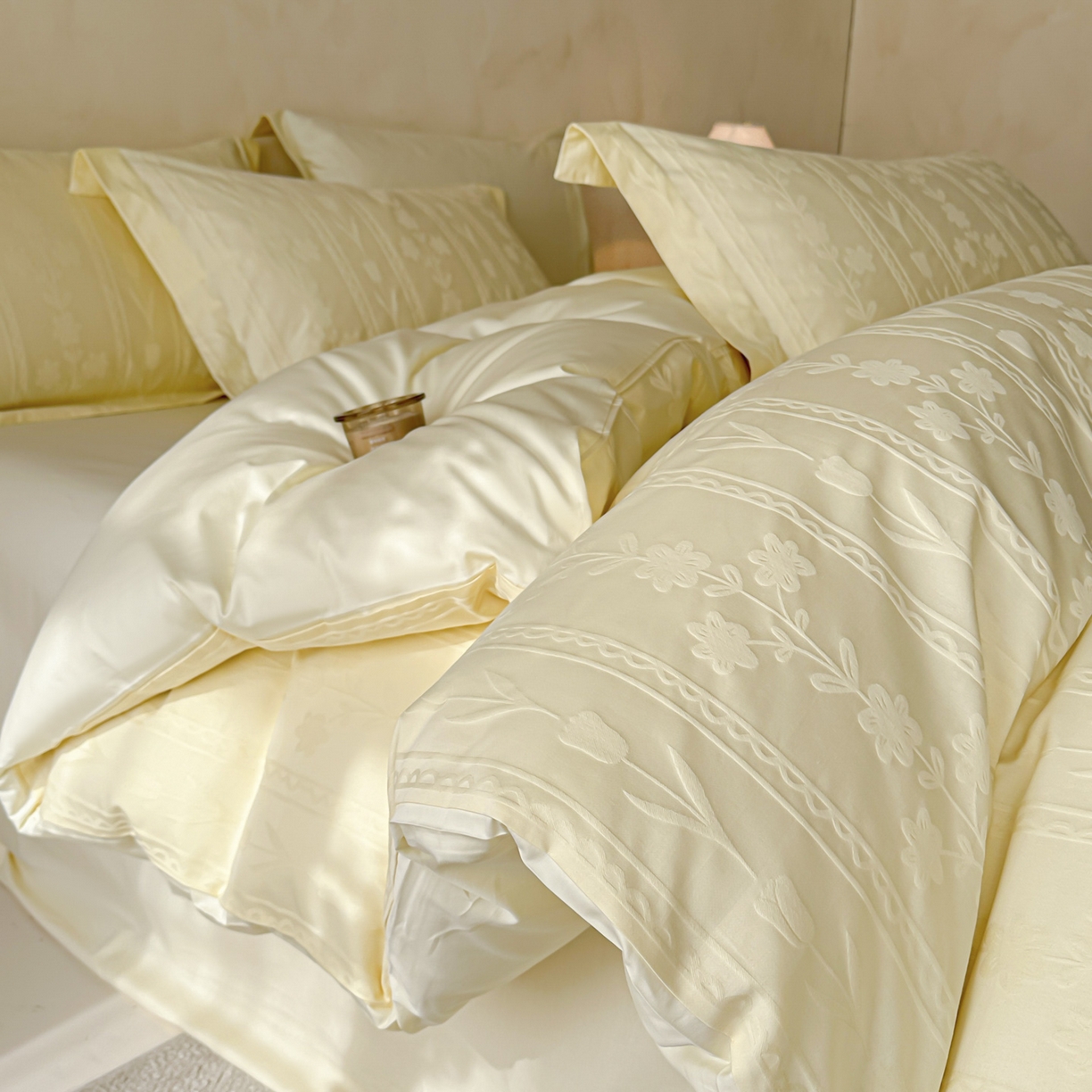 禾时 2026新款春夏全棉长绒棉立体提花四件套-花屿 奶油黄