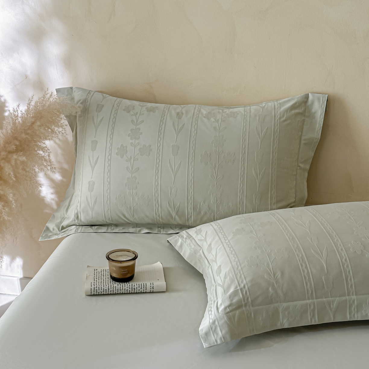 91家纺网 家纺一手货源 找家纺 禾时 2026新款春夏全棉长绒棉立体提花四件套-花屿 清新绿