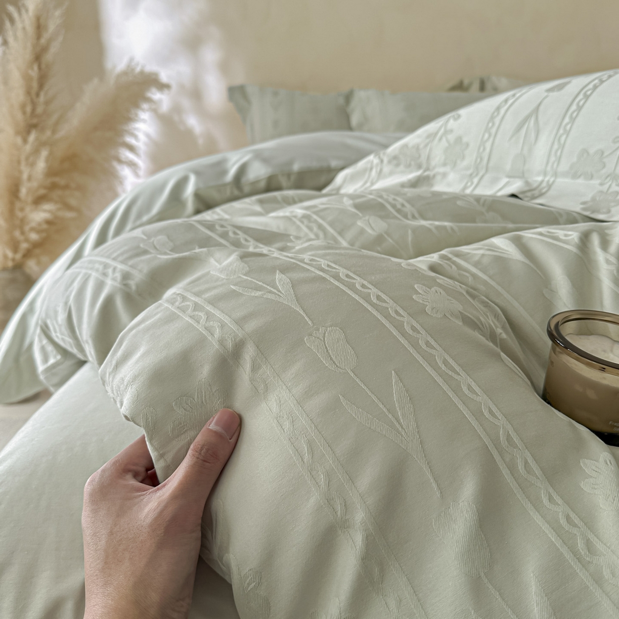 91家纺网 家纺一手货源 找家纺 禾时 2026新款春夏全棉长绒棉立体提花四件套-花屿 清新绿