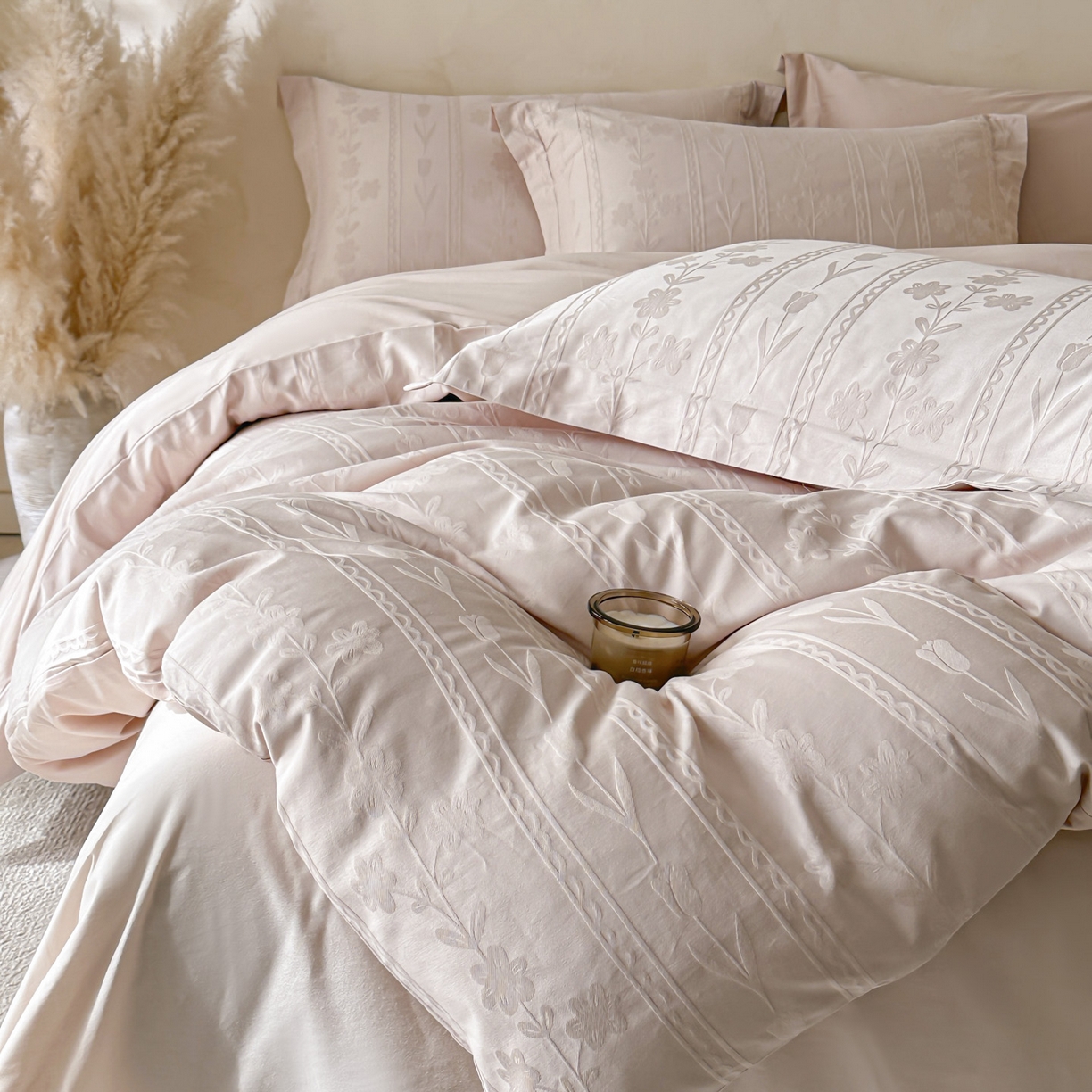 91家纺网 家纺一手货源 找家纺 禾时 2026新款春夏全棉长绒棉立体提花四件套-花屿 芭比粉