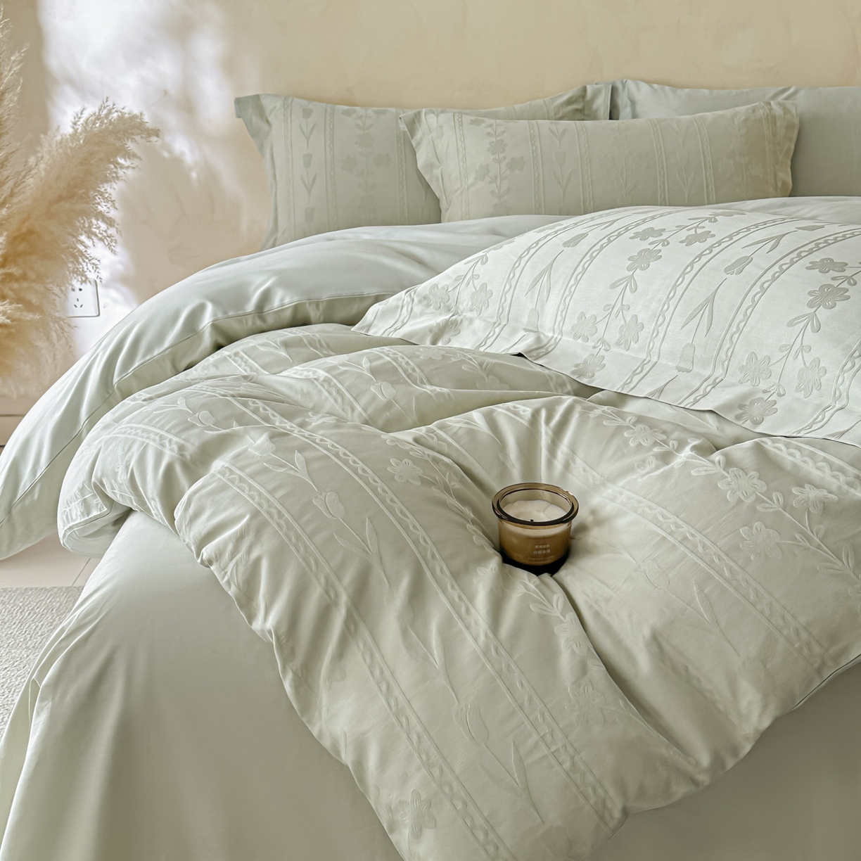 91家纺网 家纺一手货源 找家纺 禾时 2026新款春夏全棉长绒棉立体提花四件套-花屿 清新绿