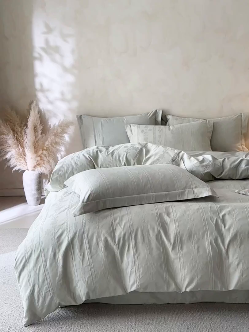 91家纺网 家纺一手货源 找家纺 禾时 2026新款春夏全棉长绒棉立体提花四件套-花屿 清新绿