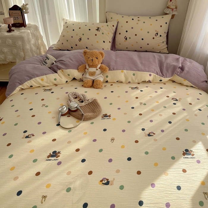 91家纺网 家纺一手货源 找家纺 瑞钰 2025新款甄选三层纱印花四件套 糖豆腊肠狗