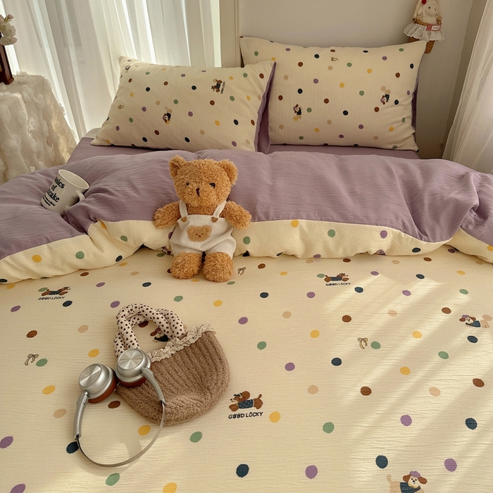 91家纺网 家纺一手货源 找家纺 瑞钰 2025新款甄选三层纱印花四件套 糖豆腊肠狗