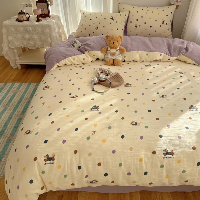 91家纺网 家纺一手货源 找家纺 瑞钰 2025新款甄选三层纱印花四件套 糖豆腊肠狗