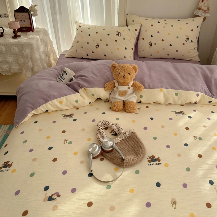 91家纺网 家纺一手货源 找家纺 瑞钰 2025新款甄选三层纱印花四件套 糖豆腊肠狗