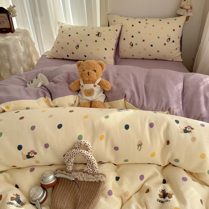 91家纺网 家纺一手货源 找家纺 瑞钰 2025新款甄选三层纱印花四件套 糖豆腊肠狗