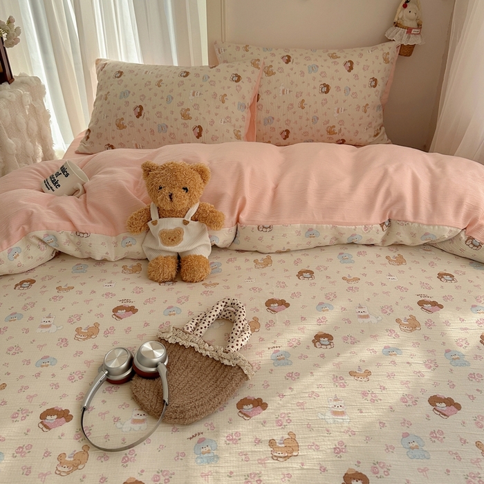 91家纺网 家纺一手货源 找家纺 瑞钰 2025新款甄选三层纱印花四件套 小狗集合会