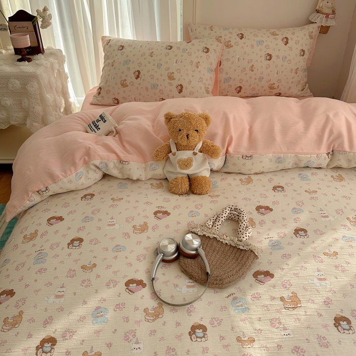 91家纺网 家纺一手货源 找家纺 瑞钰 2025新款甄选三层纱印花四件套 小狗集合会