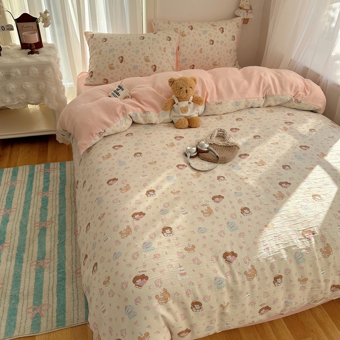 91家纺网 家纺一手货源 找家纺 瑞钰 2025新款甄选三层纱印花四件套 小狗集合会