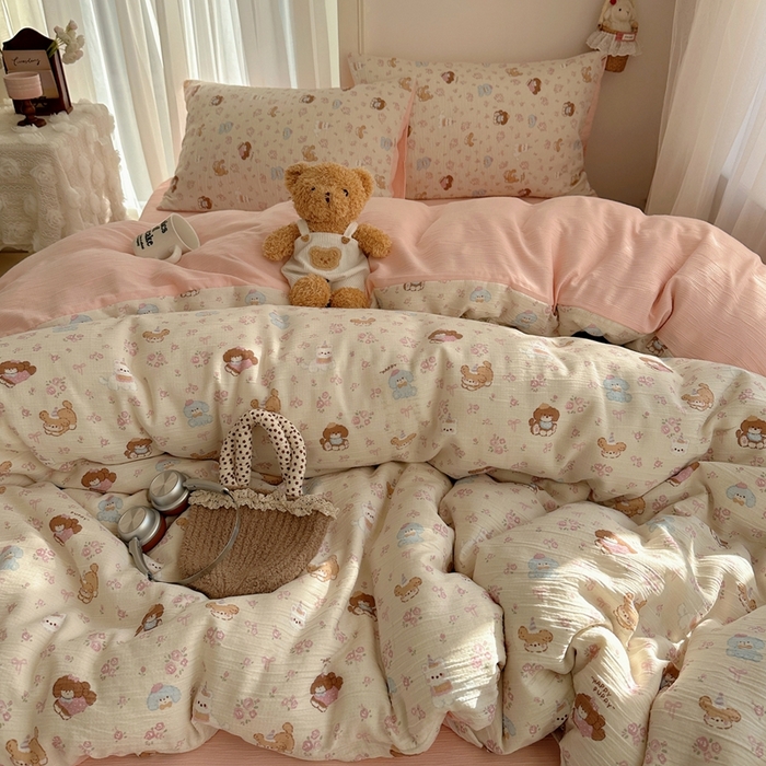 91家纺网 家纺一手货源 找家纺 瑞钰 2025新款甄选三层纱印花四件套 小狗集合会