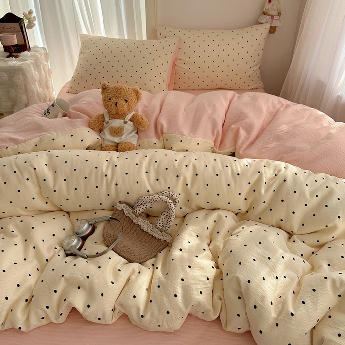 91家纺网 家纺一手货源 找家纺 瑞钰 2025新款甄选三层纱印花四件套 小黑豆