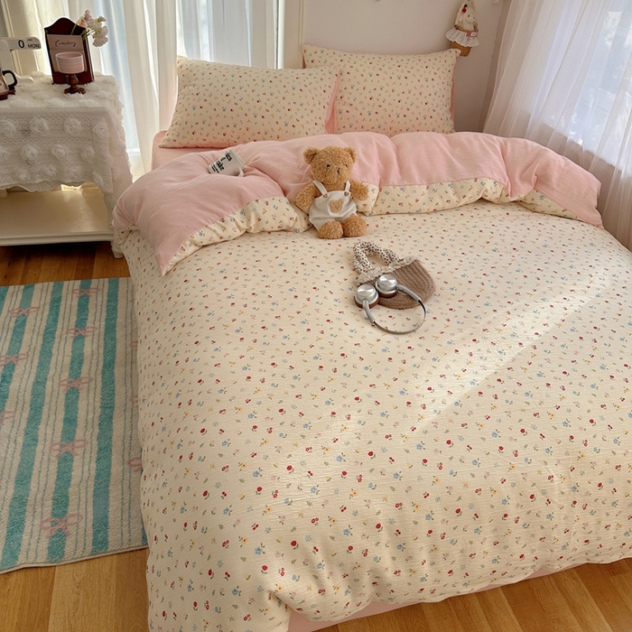 91家纺网 家纺一手货源 找家纺 瑞钰 2025新款甄选三层纱印花四件套 小花点点