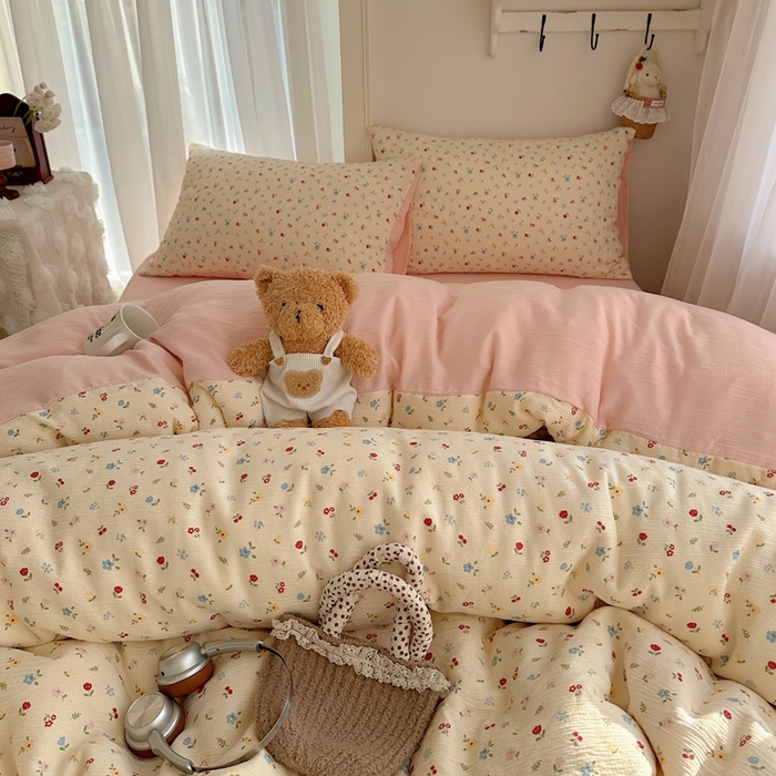 91家纺网 家纺一手货源 找家纺 瑞钰 2025新款甄选三层纱印花四件套 小花点点