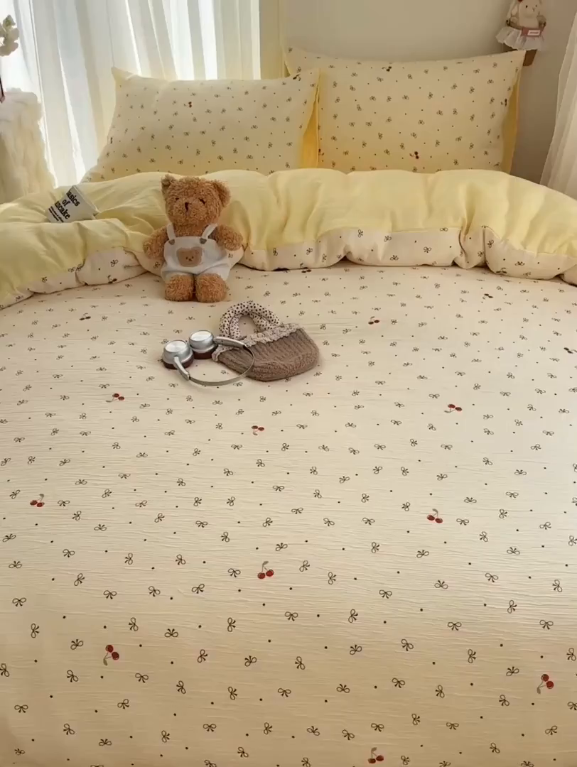 91家纺网 家纺一手货源 找家纺 瑞钰 2025新款甄选三层纱印花四件套 樱桃蝴蝶