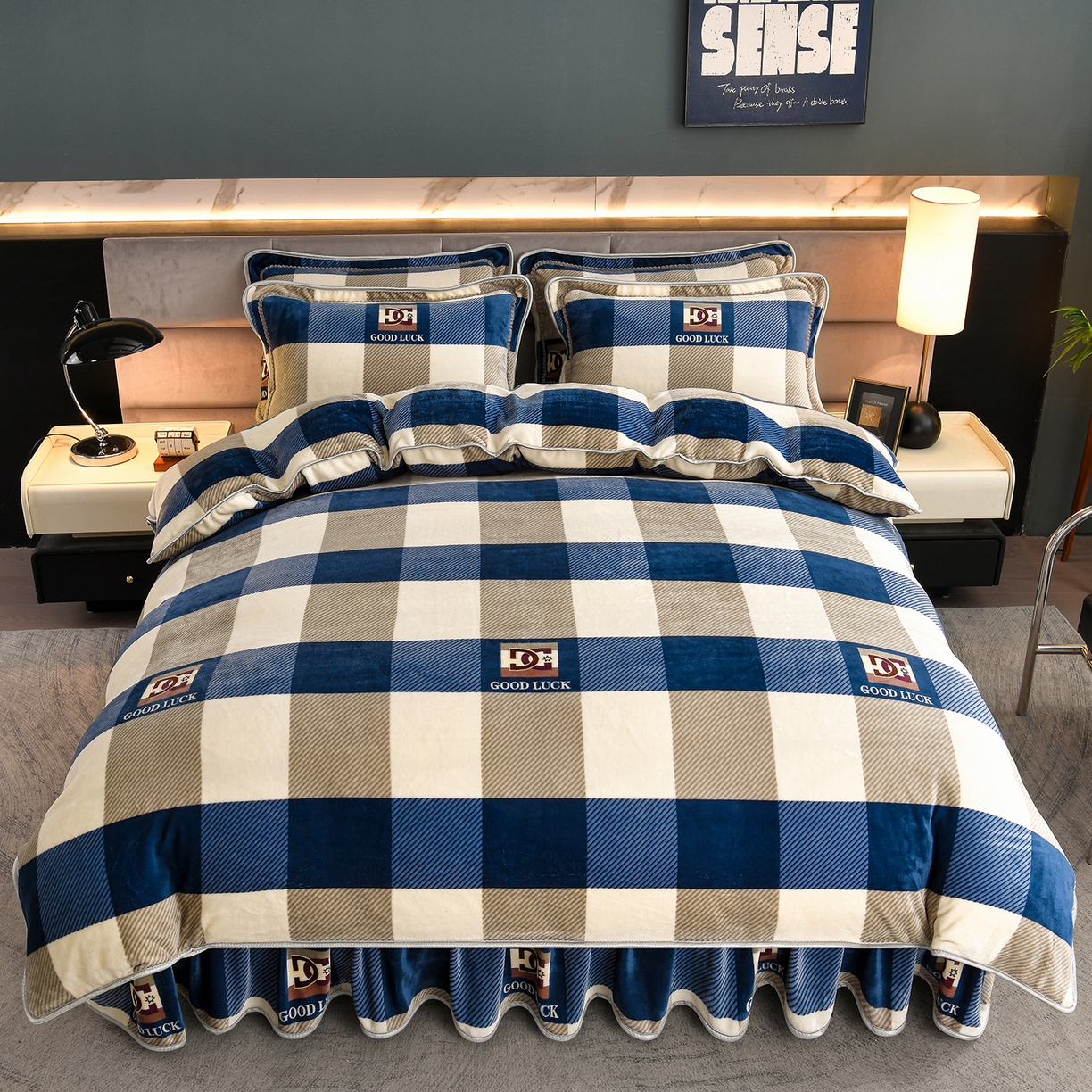 91家纺网 家纺一手货源 找家纺 缘莉娜家纺 2025高克重8斤牛奶绒四件套金貂绒法莱绒加厚保暖直播电商爆款 蓝大格