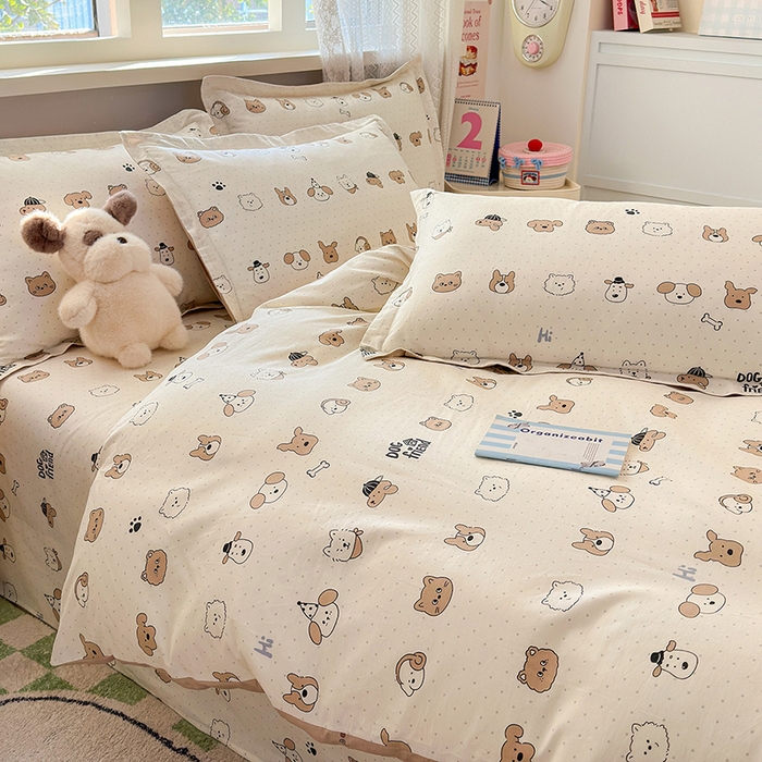 91家纺网 家纺一手货源 找家纺 拾物记 2026新款第一批12868A类新疆全棉单品被套系列（预留7-9厘米的缩水尺寸，加厚金属双拉链头、暗线四面锁边，四角全棉绑带） 简笔小汪