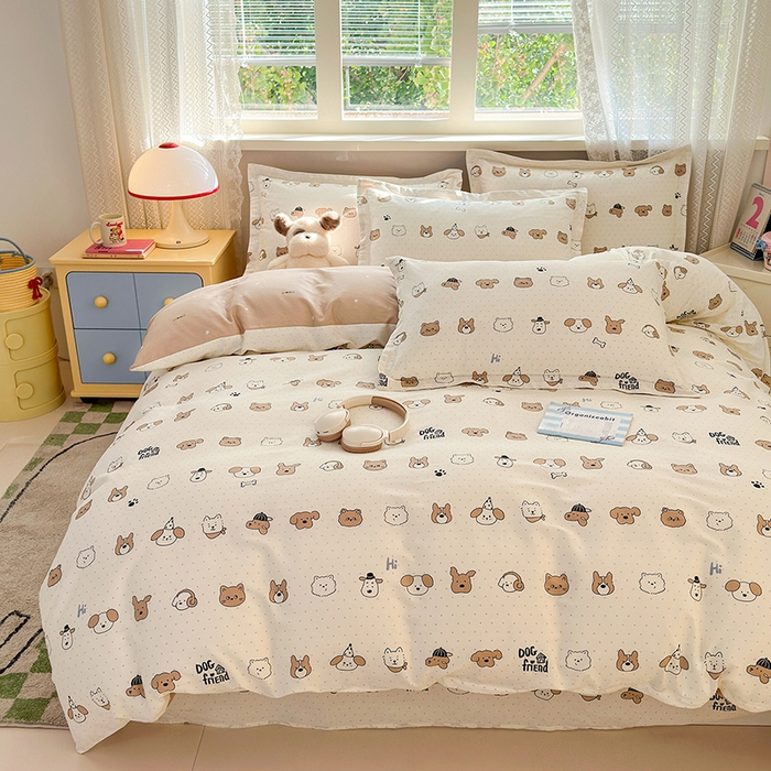 91家纺网 家纺一手货源 找家纺 拾物记 2026新款第一批12868A类新疆全棉单品被套系列（预留7-9厘米的缩水尺寸，加厚金属双拉链头、暗线四面锁边，四角全棉绑带） 简笔小汪