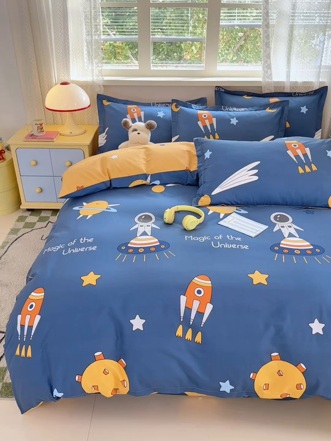 91家纺网 家纺一手货源 找家纺 拾物记 2026新款第一批12868A类新疆全棉单品被套系列（预留7-9厘米的缩水尺寸，加厚金属双拉链头、暗线四面锁边，四角全棉绑带） 快乐宇航员