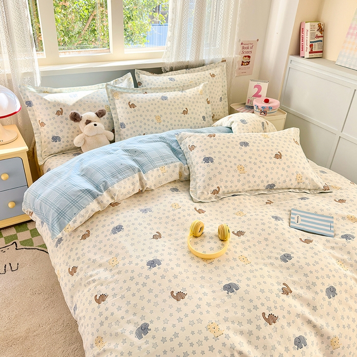 91家纺网 家纺一手货源 找家纺 拾物记 2026新款第一批12868A类新疆全棉单品被套系列（预留7-9厘米的缩水尺寸，加厚金属双拉链头、暗线四面锁边，四角全棉绑带） 蓝星动物园