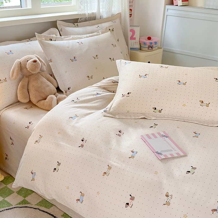 91家纺网 家纺一手货源 找家纺 拾物记 2026新款第一批12868A类新疆全棉单品被套系列（预留7-9厘米的缩水尺寸，加厚金属双拉链头、暗线四面锁边，四角全棉绑带） 星星柯基