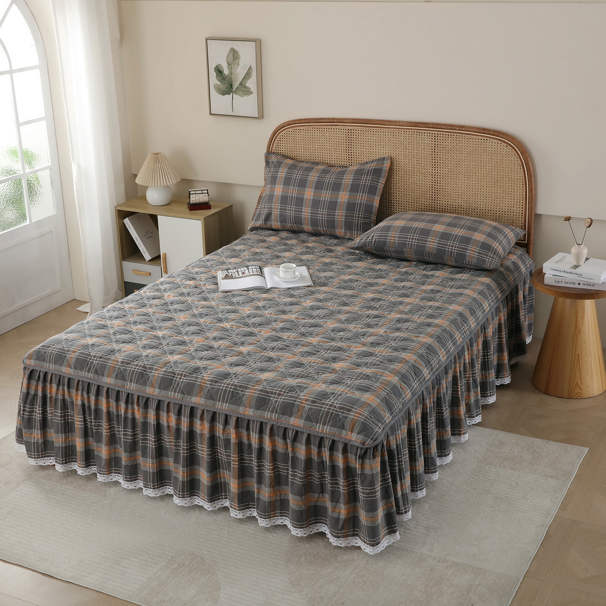 91家纺网 家纺一手货源 找家纺 （总）益利多 2026新款全棉色织水洗棉夹棉绗缝床裙纯棉日式良品格子