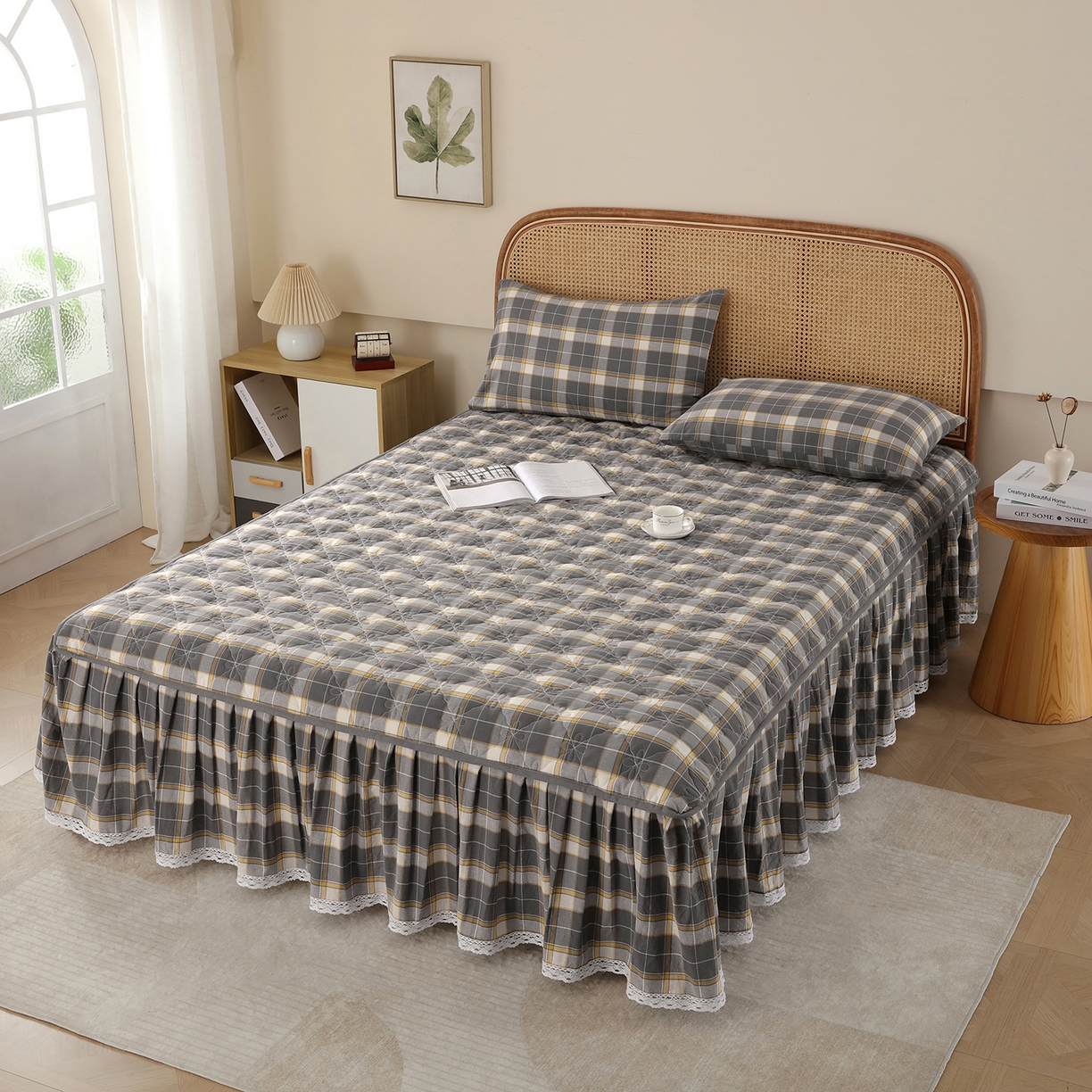 91家纺网 家纺一手货源 找家纺 （总）益利多 2026新款全棉色织水洗棉夹棉绗缝床裙纯棉日式良品格子