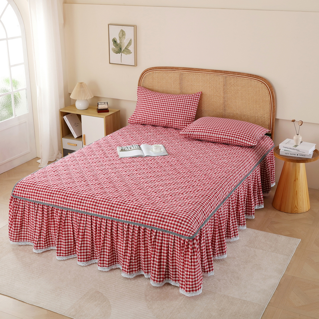 91家纺网 家纺一手货源 找家纺 （总）益利多 2026新款全棉色织水洗棉夹棉绗缝床裙纯棉日式良品格子