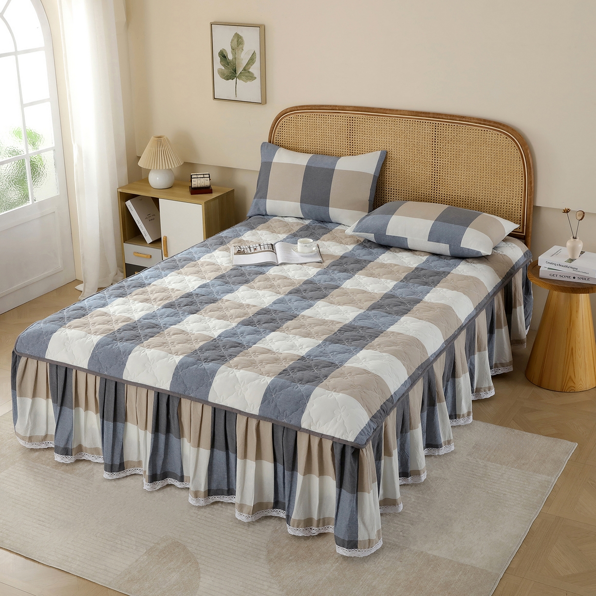 益利多 2026新款全棉色织水洗棉夹棉绗缝床裙纯棉日式良品格子 蓝大格