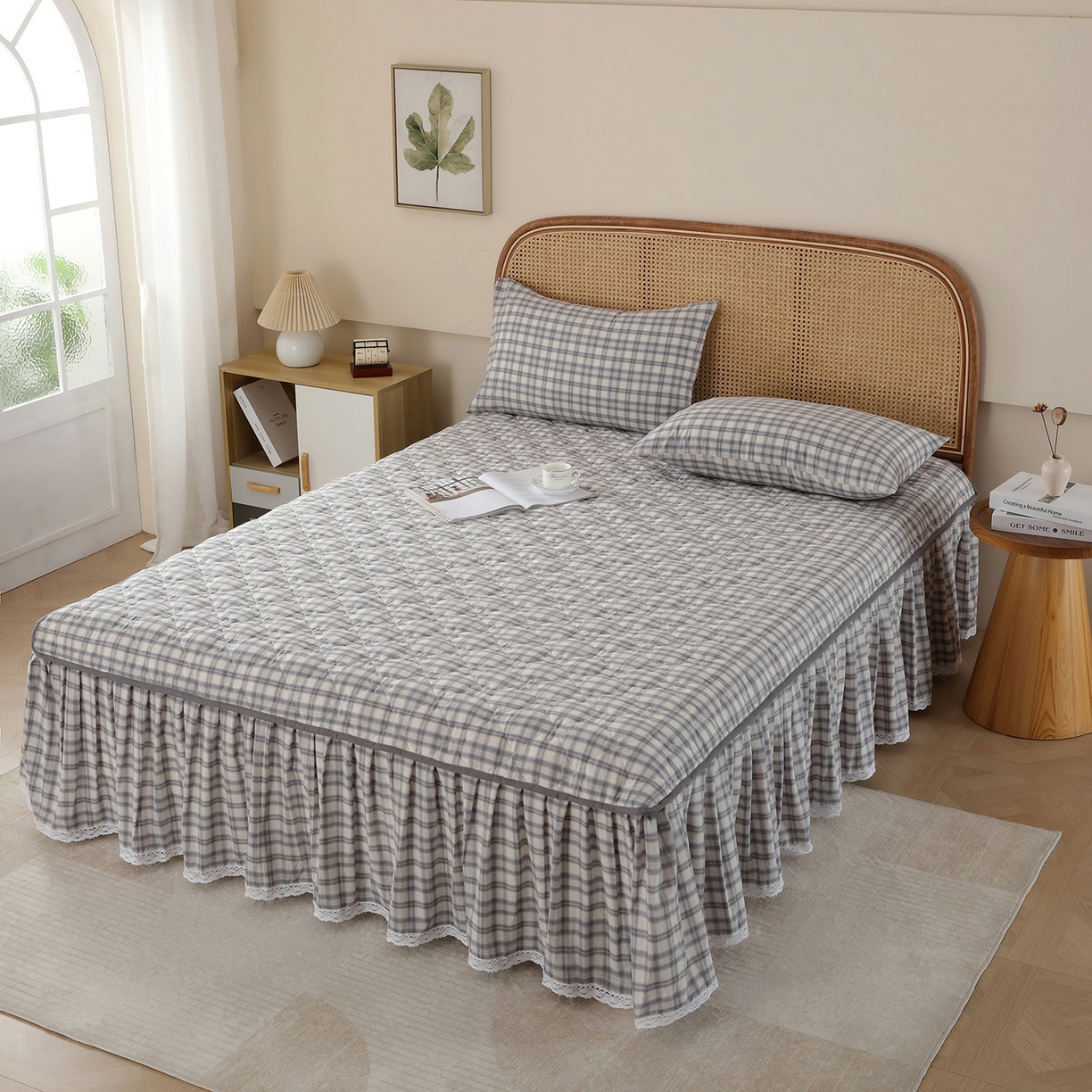 益利多 2026新款全棉色织水洗棉夹棉绗缝床裙纯棉日式良品格子 尚彩灰