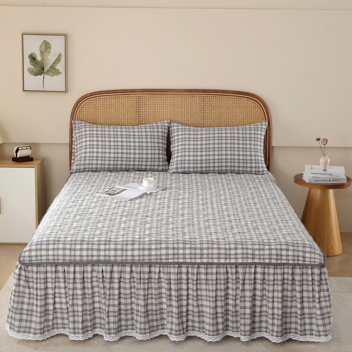 91家纺网 家纺一手货源 找家纺 益利多 2026新款全棉色织水洗棉夹棉绗缝床裙纯棉日式良品格子 尚彩灰