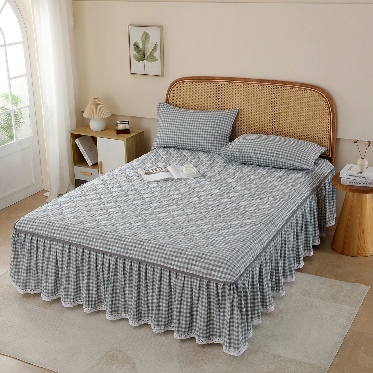 91家纺网 家纺一手货源 找家纺 益利多 2026新款全棉色织水洗棉夹棉绗缝床裙纯棉日式良品格子 水蓝小格