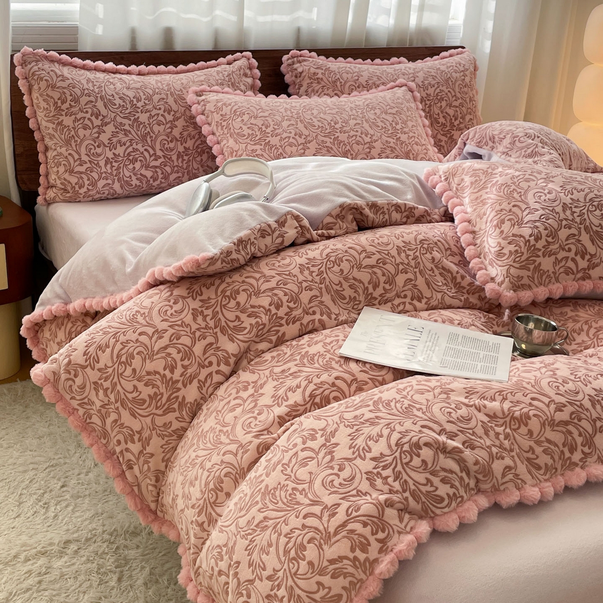 91家纺网 家纺一手货源 找家纺 羚羊语家纺 2025新款230克全消光雕花绒牛奶绒兔毛球四件套轻奢风立体着色烂花牛奶绒提花加厚保暖床单床笠三件套 蜜绒绒-香雪粉