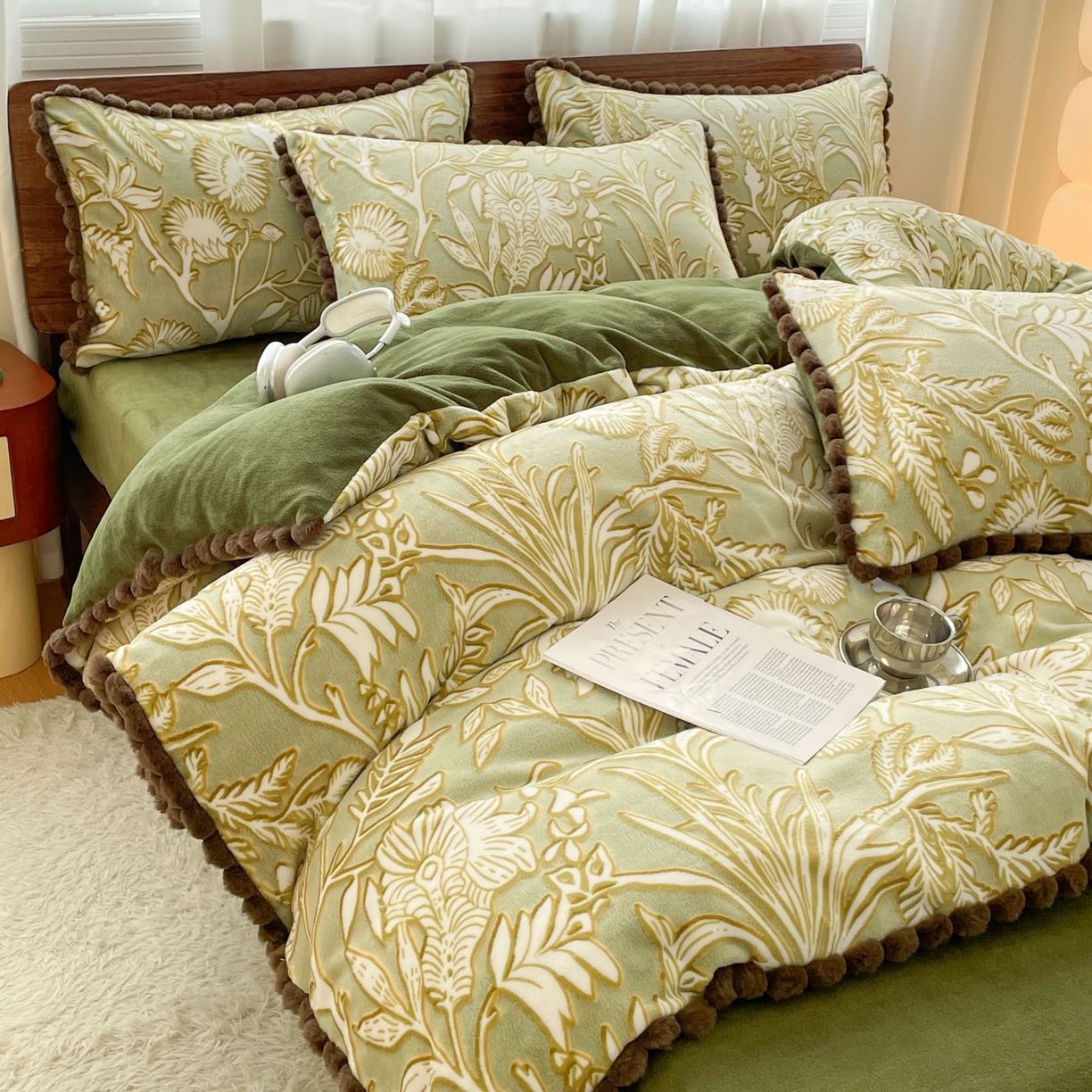 91家纺网 家纺一手货源 找家纺 羚羊语家纺 2025新款230克全消光雕花绒牛奶绒兔毛球四件套轻奢风立体着色烂花牛奶绒提花加厚保暖床单床笠三件套 蜜绒绒-山岚色