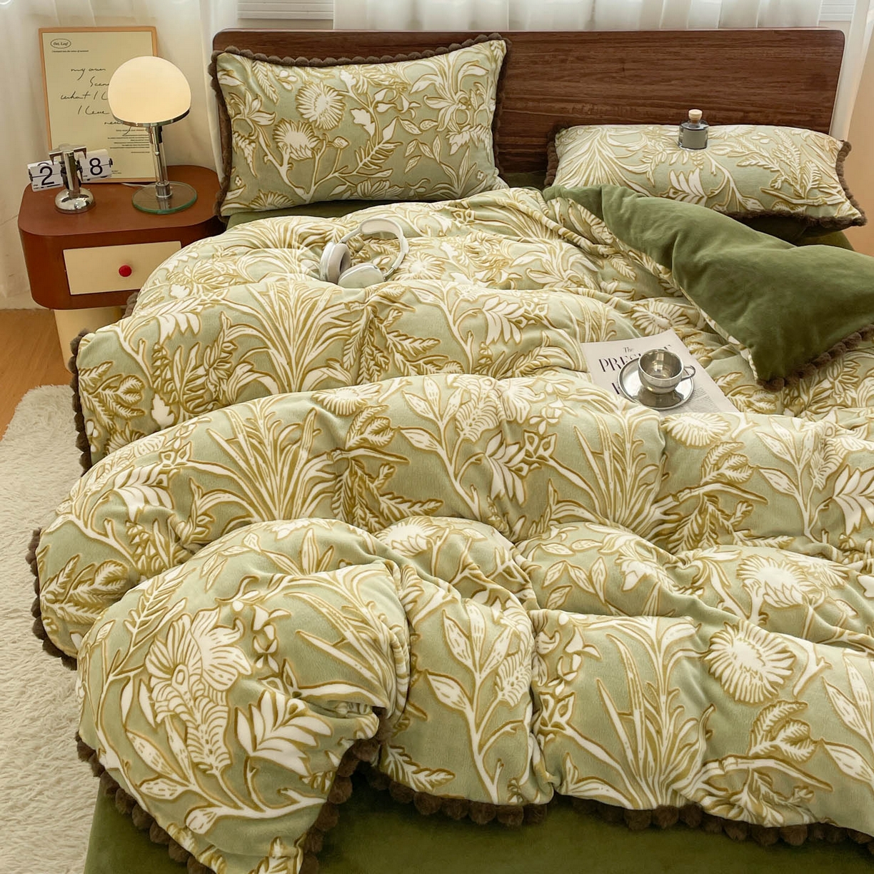 91家纺网 家纺一手货源 找家纺 （总）羚羊语家纺 2025新款230克全消光雕花绒牛奶绒兔毛球四件套轻奢风立体着色烂花牛奶绒提花加厚保暖床单床笠三件套